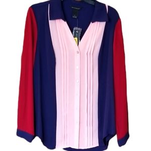 Investments Pleated Button Down Color Block Blouse